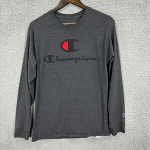 Champion shirt women medium gray black script spellout logo long sleeve gorpcore